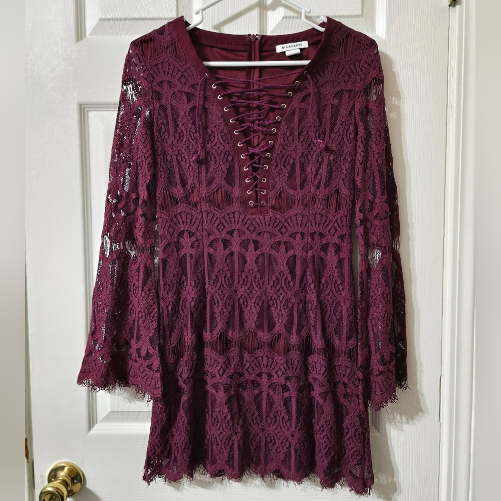 Lace Crochet Reniassance Style Mini Dress, Long Bell Sleeves, Lace Up Neckline.
